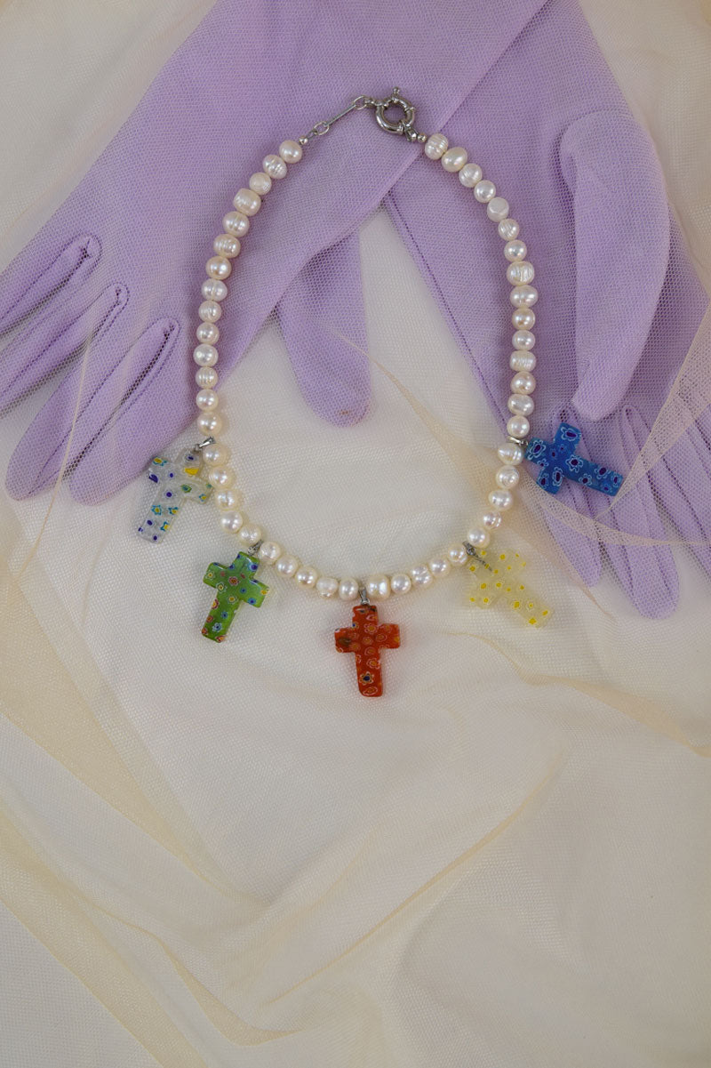 PEARLY FLOWER CROSS Necklace