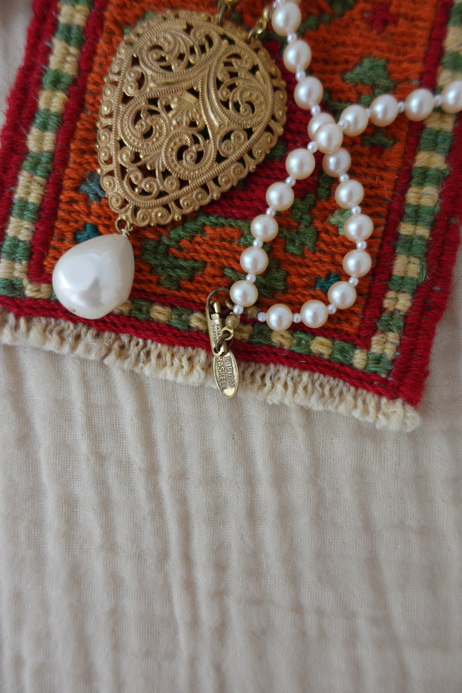 Miriam Haskell Pearl Beaded Large Pendant Necklace