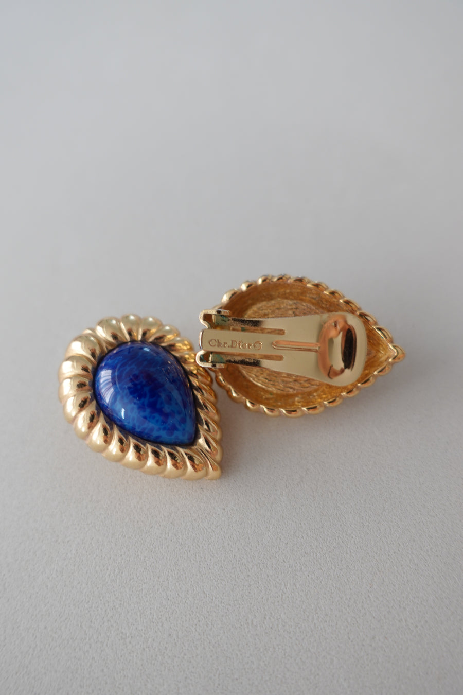 Dior Blue Tear Drop Twisted Clip-on Earrings